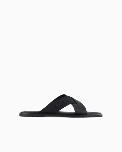 Giorgio Armani Leather Cross Sandals With Two-toned Tape In Black