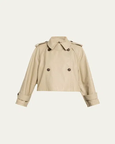 Giorgio Armani Leather Double-breasted Boxy Trench Jacket In Neutral