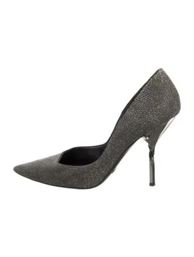 Pre-owned Giorgio Armani Leather Glitter Accents Pumps In Gray