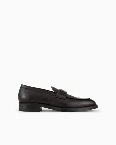Giorgio Armani Leather Loafers With Logo In Brown