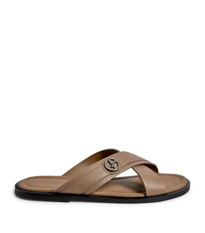 Giorgio Armani Leather Logo Sandals In Beige