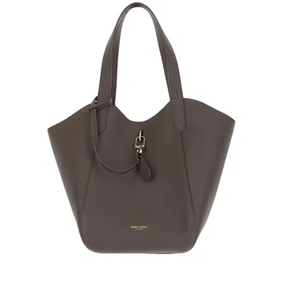 Giorgio Armani Leather Tote Bag With Logo In Brown
