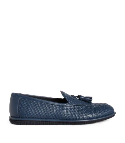 Giorgio Armani Leather Woven Loafers In Navy Blue