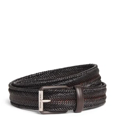 Giorgio Armani Leather Woven Rollerball Belt In Brown