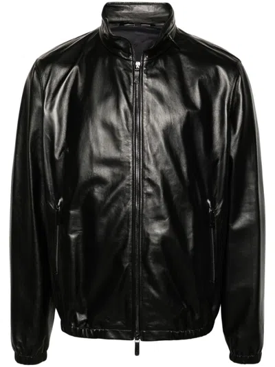 Giorgio Armani Leather Zipped Jacket In Black