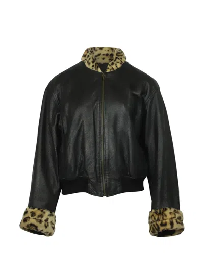 Pre-owned Giorgio Armani Leopard-trim Leather Bomber Jacket In Black