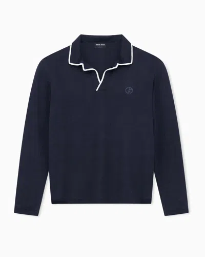 Giorgio Armani Linen And Silk Blend Knit Polo Shirt In Blue