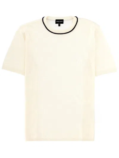 Giorgio Armani Linen-silk Contrasting Trim T-shirt In Neutral