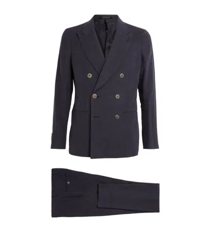 Giorgio Armani Linen Double-breasted Suit In Navy Blue