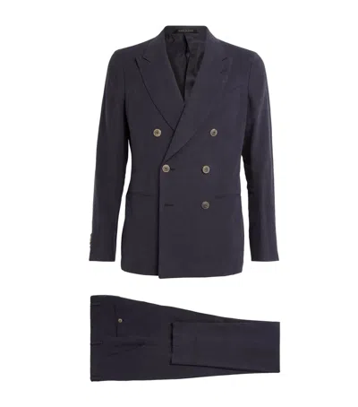 Giorgio Armani Linen Double-breasted Suit In Blue