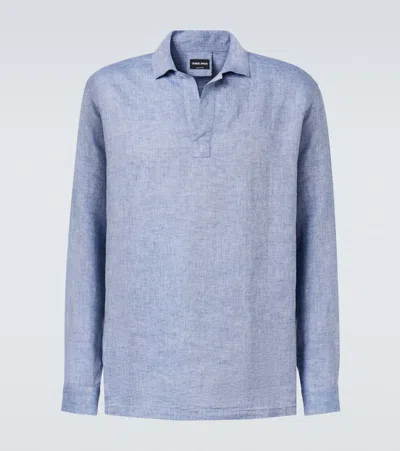 Giorgio Armani Linen Polo Shirt In Blue