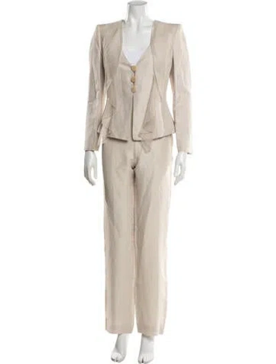 Pre-owned Giorgio Armani Linen Ruffle Embellishment Pantsuit In Neutral