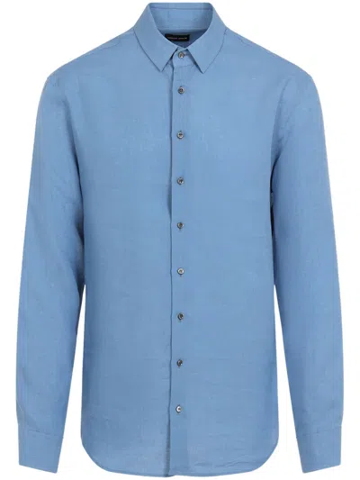 Giorgio Armani Buttoned Shirt With Curved Hem And Long Sleeves In Blue