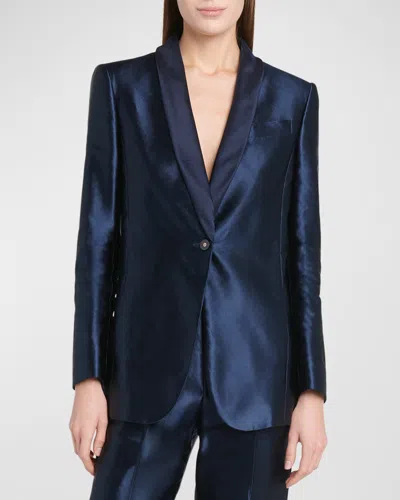 Giorgio Armani Linen Silk Single-button Blazer Jacket In Navy