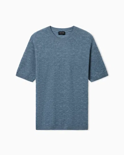 Giorgio Armani Links-stitch Knit Crew-neck Jumper In Cashmere, Silk And Hemp In Blue