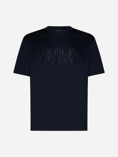 Giorgio Armani Logo Cotton T-shirt In Navy Blue