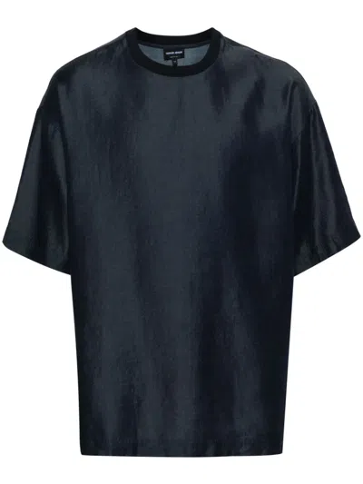 Giorgio Armani Logo-embroidered Denim T-shirt In Blue