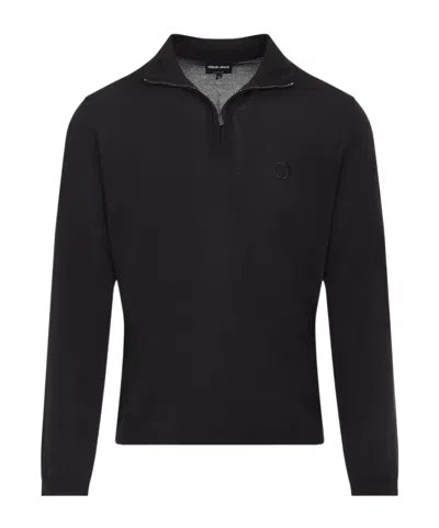 Giorgio Armani Logo-embroidered Polo Sweater In Black