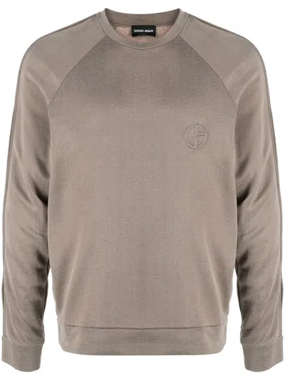 Giorgio Armani Logo-embroidered Round-neck Jumper In Neutrals