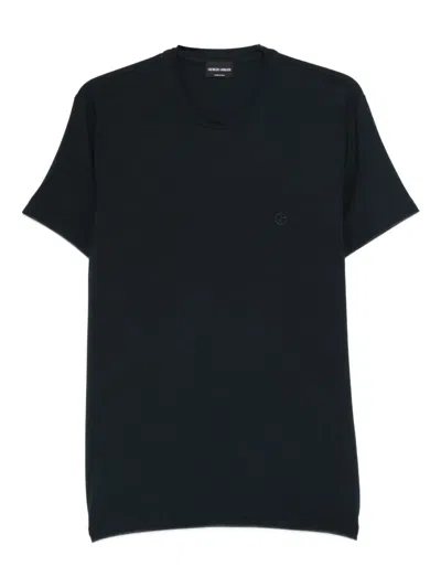 Giorgio Armani Logo-embroidered T-shirt In Blue