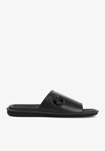 GIORGIO ARMANI LOGO LEATHER SLIDES