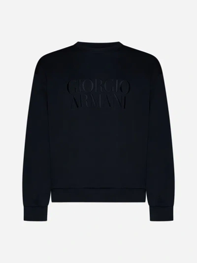 Giorgio Armani Embroidered Logo Crew-neck Sweatshirt In Blue