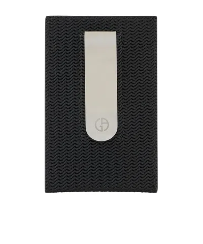 Giorgio Armani Logo-plaque Woven Leather Cardholder In Black