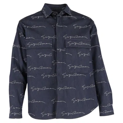 Giorgio Armani Logo Print Shirt In Blue Cotton Denim