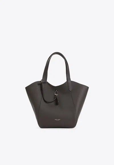 Giorgio Armani Logo Stamp Grained Leather Shoulder Bag In Charcoal