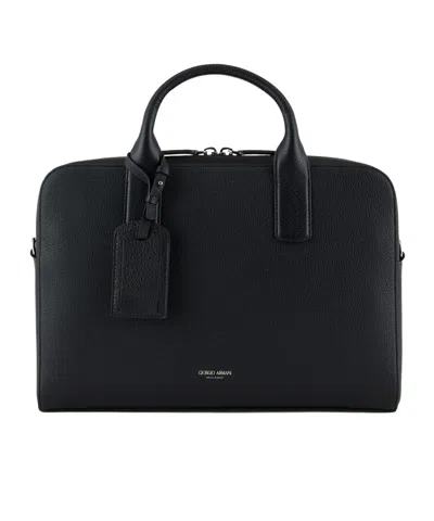 Giorgio Armani Logo-stamp Leather Laptop Bag In Black