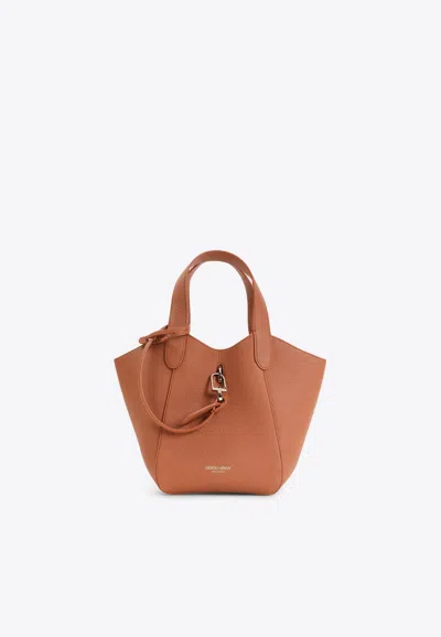 Giorgio Armani Logo Stamp Leather Top Handle Bag In Brown