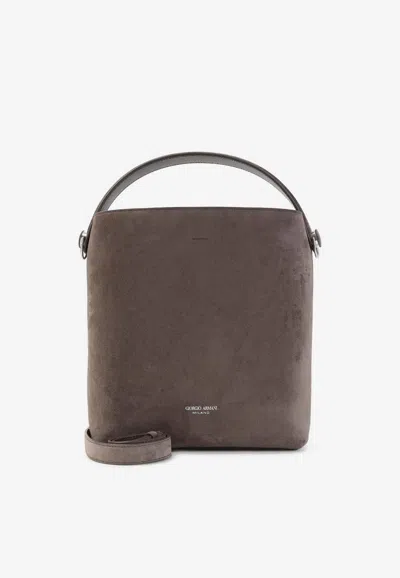 Giorgio Armani Logo Stamp Suede Bucket Bag In Brown