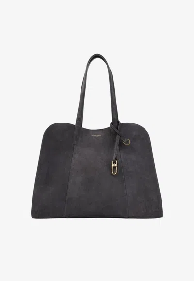 Giorgio Armani Logo Stamp Suede Leather Shoulder Bag In Gray