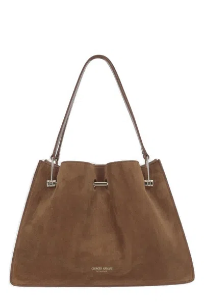 Giorgio Armani Small Suede Shopper Bag In Brown