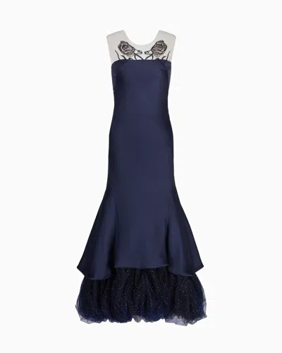 Giorgio Armani Long Bustier Dress In Silk And Embroidered Tulle In Blue