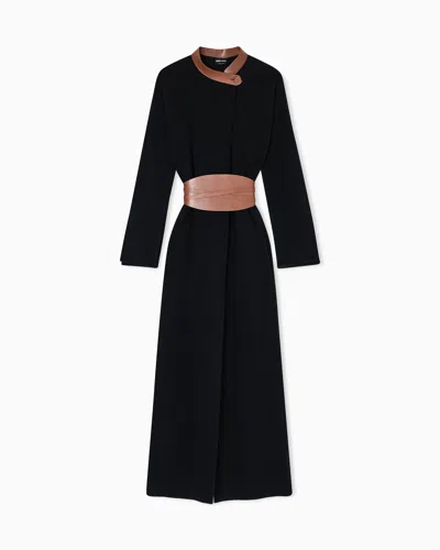 Giorgio Armani Long Coat In Bonded Wool And Cashmere With Leather Details In Black