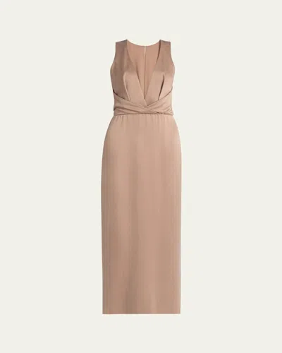 Giorgio Armani Long Crossover Back Slit Silk Dress In Solid Medium Red