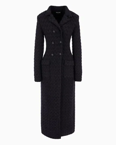 Giorgio Armani Long Double-breasted Coat In Chevron Jacquard Viscose, Silk And Mohair Wool In Black