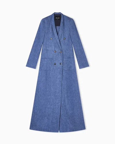 Giorgio Armani Long Double-breasted Coat In Faded Linen, Viscose And Silk Crêpe. In Blue
