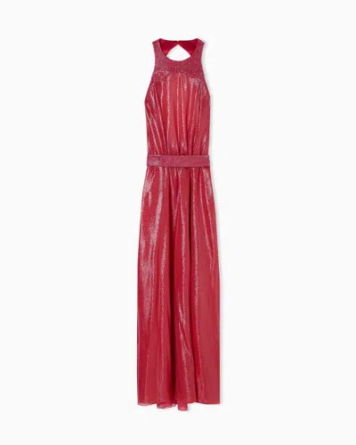 Giorgio Armani Long Dress In A Silk Blend With Rhinestone Details In Red