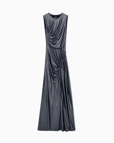 Giorgio Armani Long Dress In Jersey With Draping And Rhinestone Embroidery In Gray
