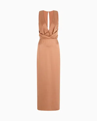 Giorgio Armani Long Dress In Washed Silk And Viscose In Sand