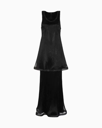 Giorgio Armani Long Pleated Tulle Dress With Crystal Embroidery And A Frill In Black