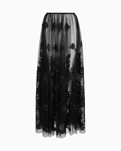 Giorgio Armani Long Skirt In Tulle And Embroidered Lace In Black