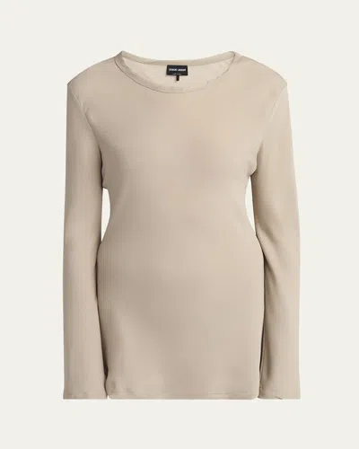 Giorgio Armani Long Sleeve Silk Shirt In Solid Medium Beige