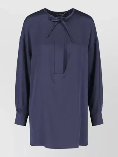 Giorgio Armani Long Sleeve Top Tie Neck Pleated Back In Blue