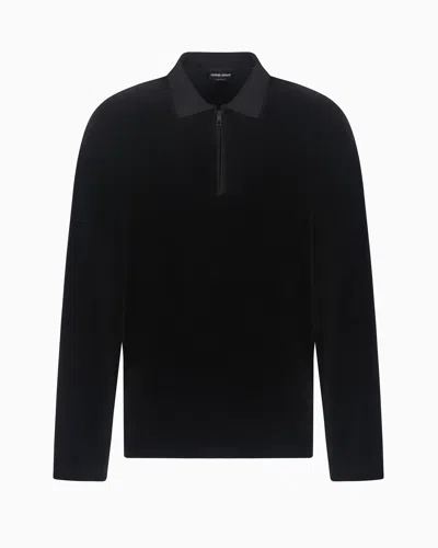 Giorgio Armani Long-sleeved Chenille Polo Shirt In Black