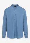 Giorgio Armani Long-sleeve Cotton Shirt With Band Collar And Button-down Front In Blue