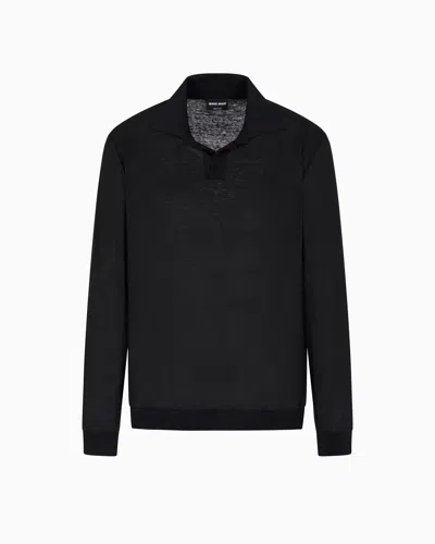 Giorgio Armani Long-sleeved Polo Shirt In Linen Jersey In Black