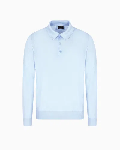 Giorgio Armani Long-sleeved Polo Shirt In Virgin Wool In Blue